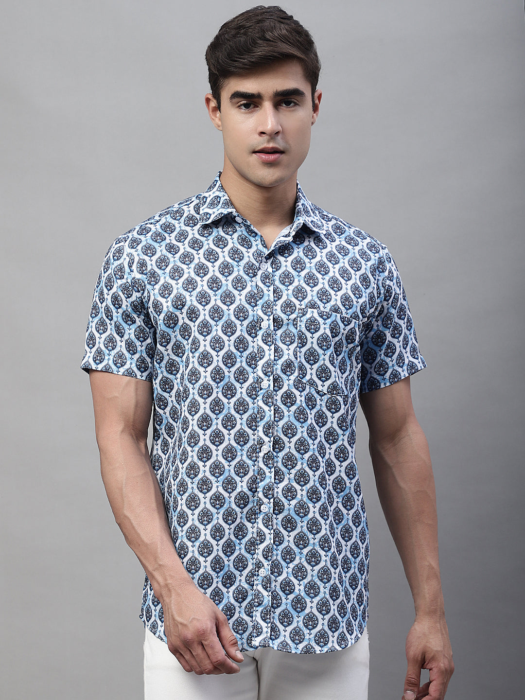 Louis Monarch Men Regular Fit Grey Printed Spread Collar Casual Half Shirt